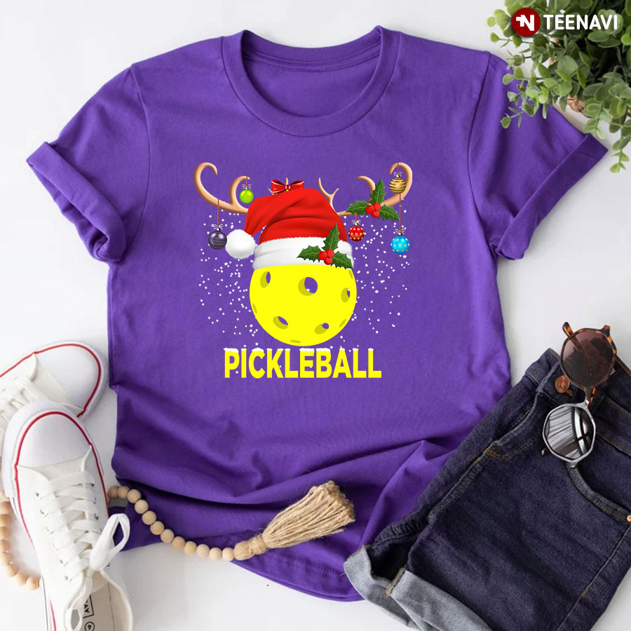 Pickleball With Santa Claus Hat And Reindeer Merry Christmas T-Shirt