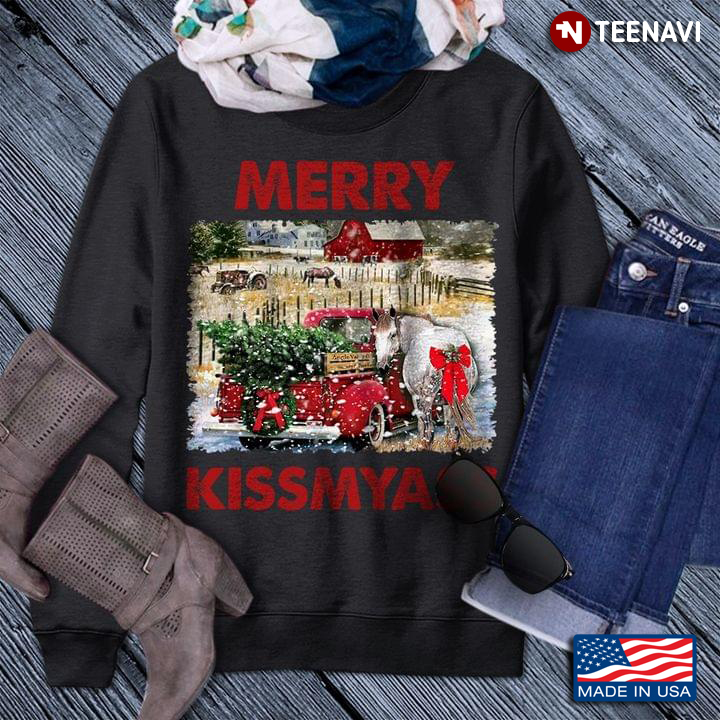 Merry Kissmyass Funny Horse and Winter Red Truck Christmas