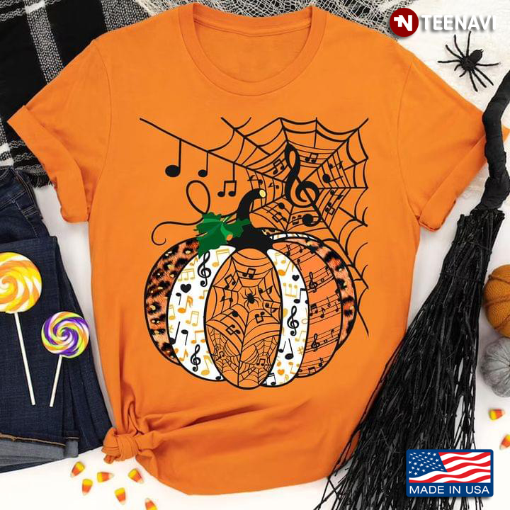 Autumn Pumpkin and Spider Web with Music Notes Everywhere for Music Lover