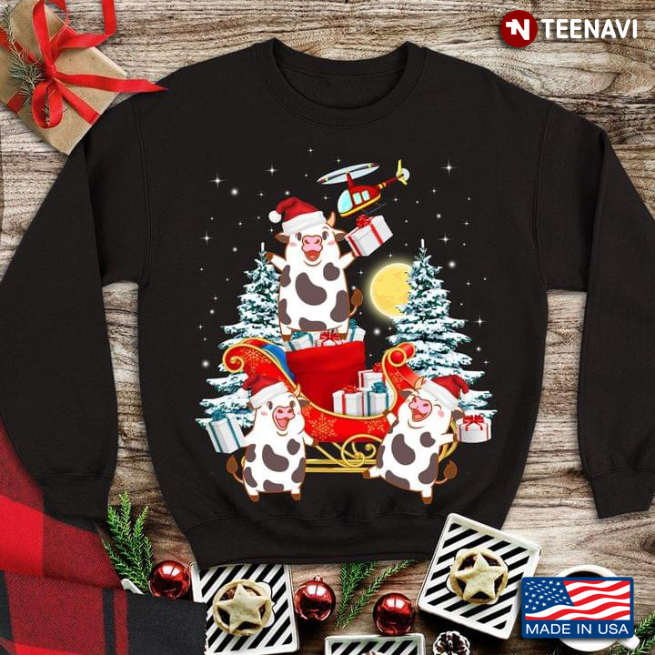 Funny Milk Cows with Presents on Sleigh Merry Christmas