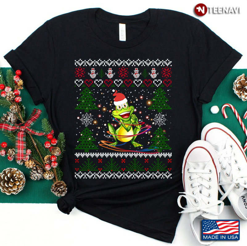 Green Frog Wears Santa Hat Merry Christmas