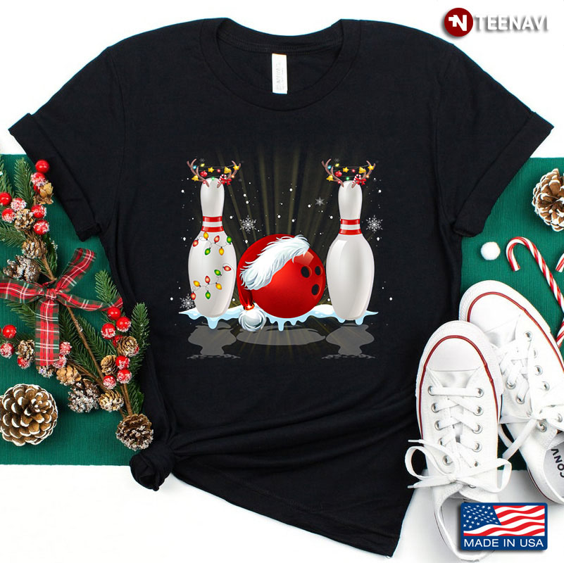 Bowling Pin Deer and Ball in Santa Hat Christmas Gift For Bowling Lover