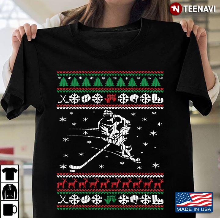 Hockey Player and Winter Snowflakes Ugly Christmas for Hockey Lover