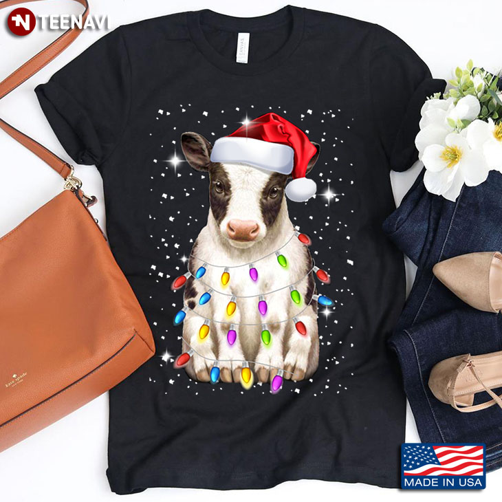 Lovely Baby Cow in Santa Hat and Christmas Lights for Animal Lover