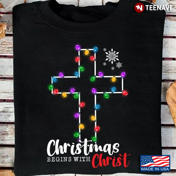 Cross with Christmas Lights Christmas Begins with Christ