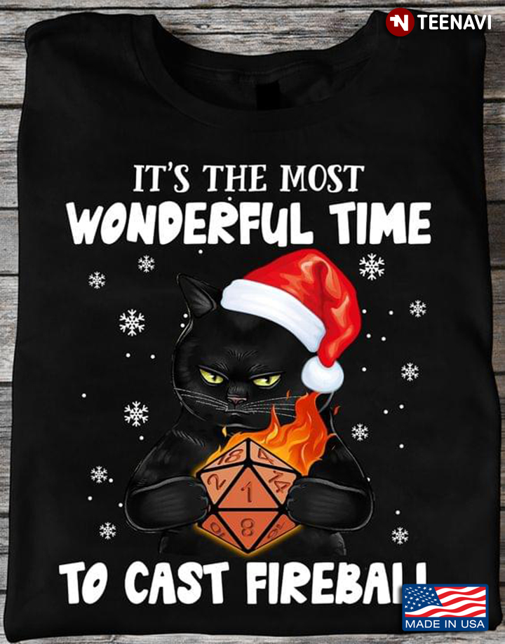 Christmas Black Cat with Santa Hat and Fireball It's The Most Wonderful Time To Cast Fireball