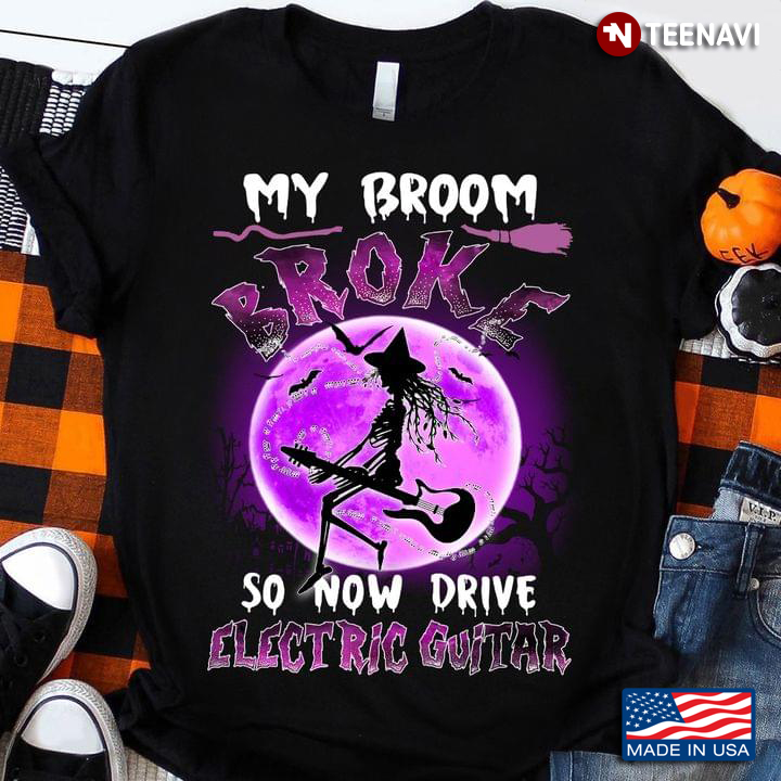 Skeleton Witch My Broom Broke So Now I Drive Electric Guitar for Halloween T-Shirt