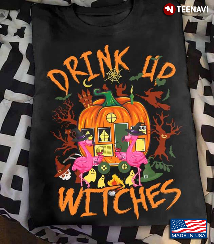Pumpkin House Flamingos Drink Up Witches for Halloween
