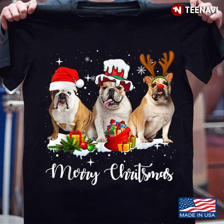 Cute Bulldogs With Ornament Merry Christmas