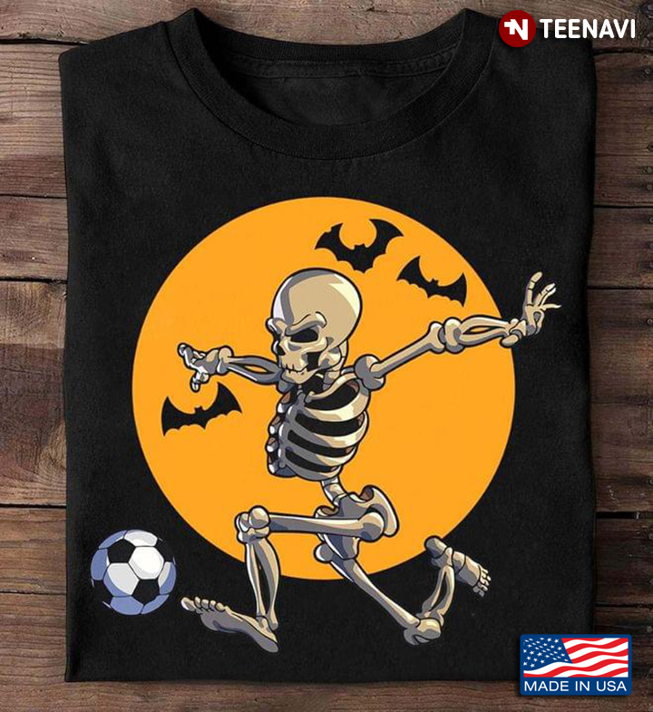 Yellow Moon Bats Skeleton Playing Football for Halloween