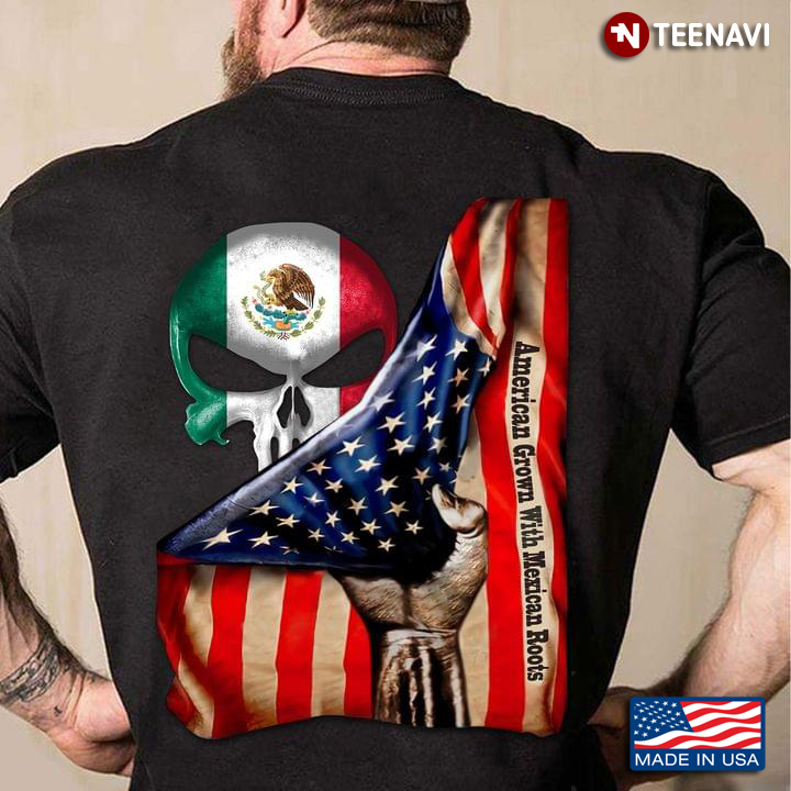 Patriotic Skull Behind Flag American Grown With Mexican Roots