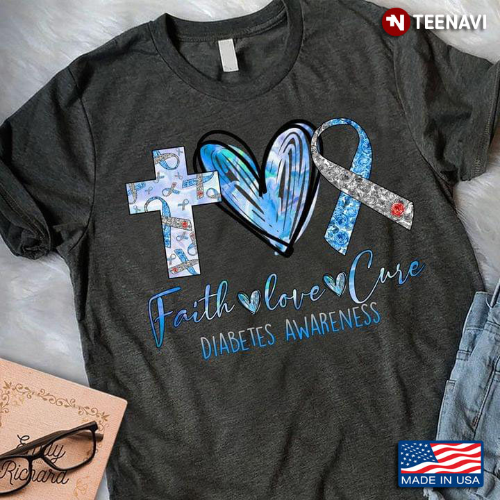 Faith Love Cure  Diabetes Awareness Blue Grey Ribbon