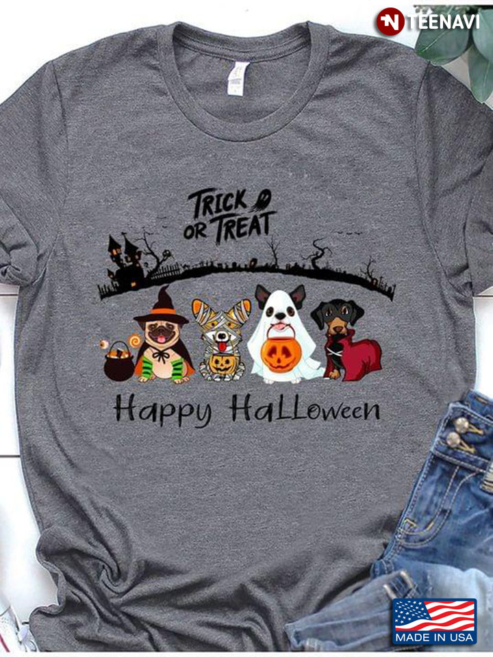 Funny Dogs Trick Or Treat Happy Halloween