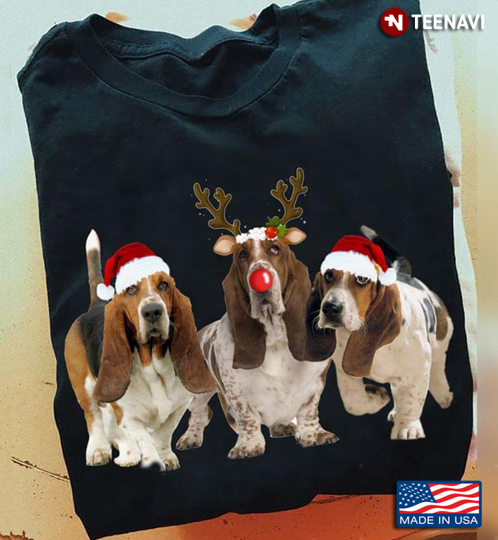 Basset Hounds With Santa Hats And Reindeer Horns for Christmas