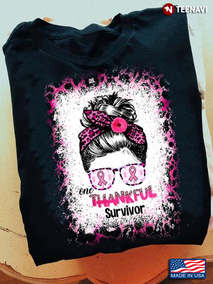 One Thankful Survivor Breast Cancer Awareness Messy Bun Girl With Headband And Glasses Leopard