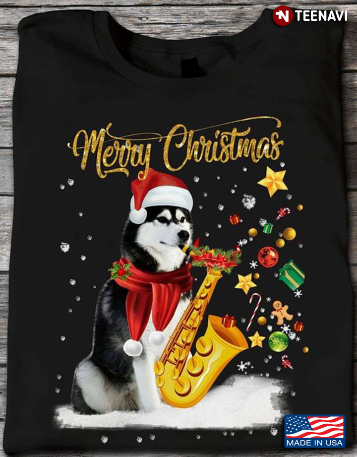 Merry Christmas Santa Siberian Husky Plays Saxophone