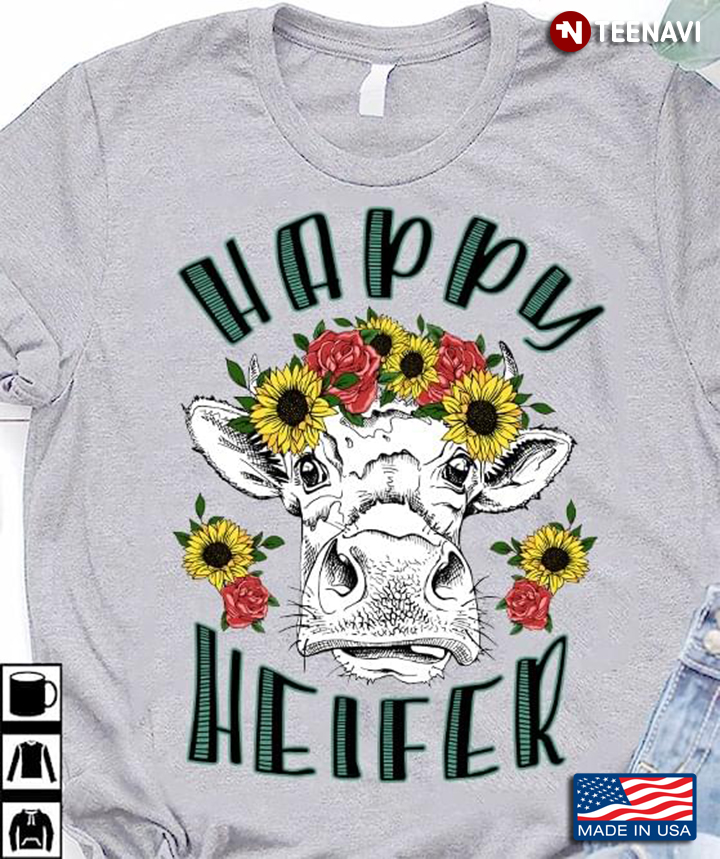 Funny Heifer With Flowers Happy Heifer for Animal Lover