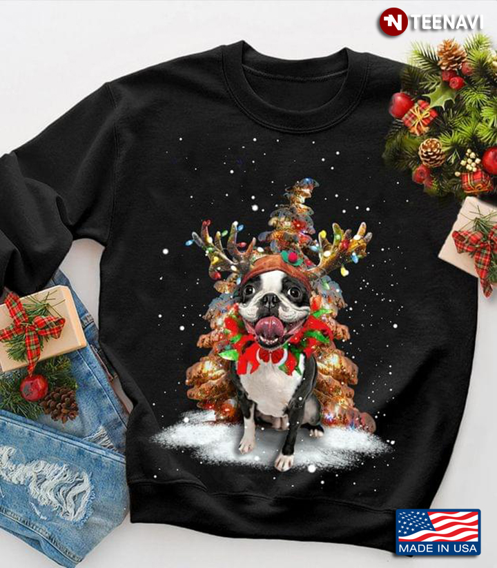 Boston Terrier With Reindeer Horns And Fairy Lights for Christmas