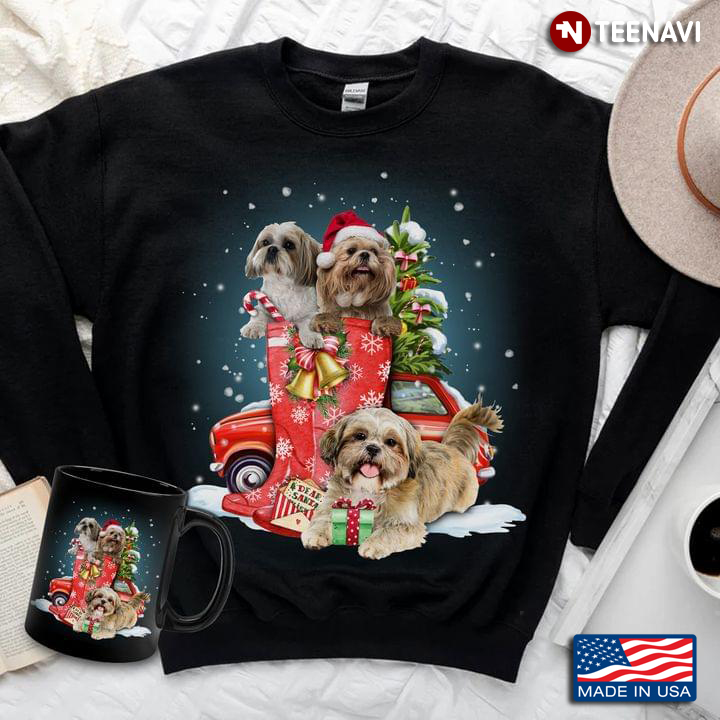 Shih Tzus With Santa Hat Xmas Tree And Red Car for Christmas