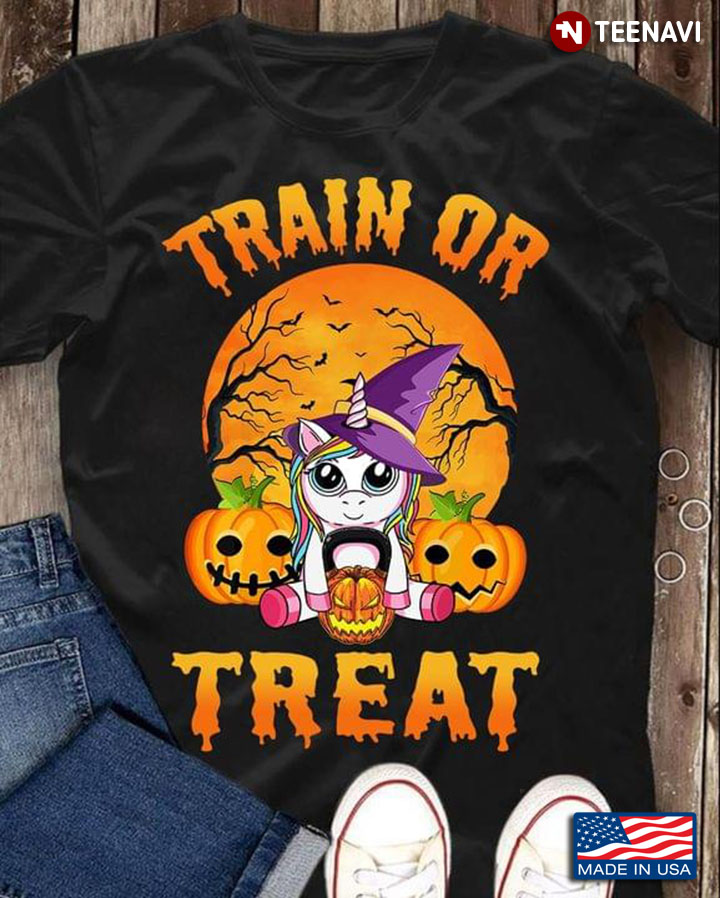 Train Or Treat Unicorn Witch Lifting Weights for Halloween