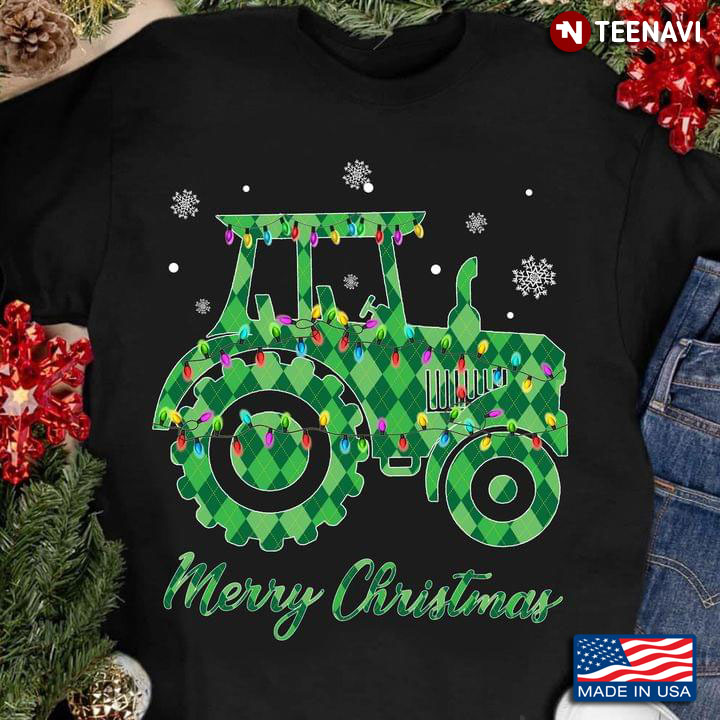 Merry Christmas Green Plaid Tractor With Fairy Lights
