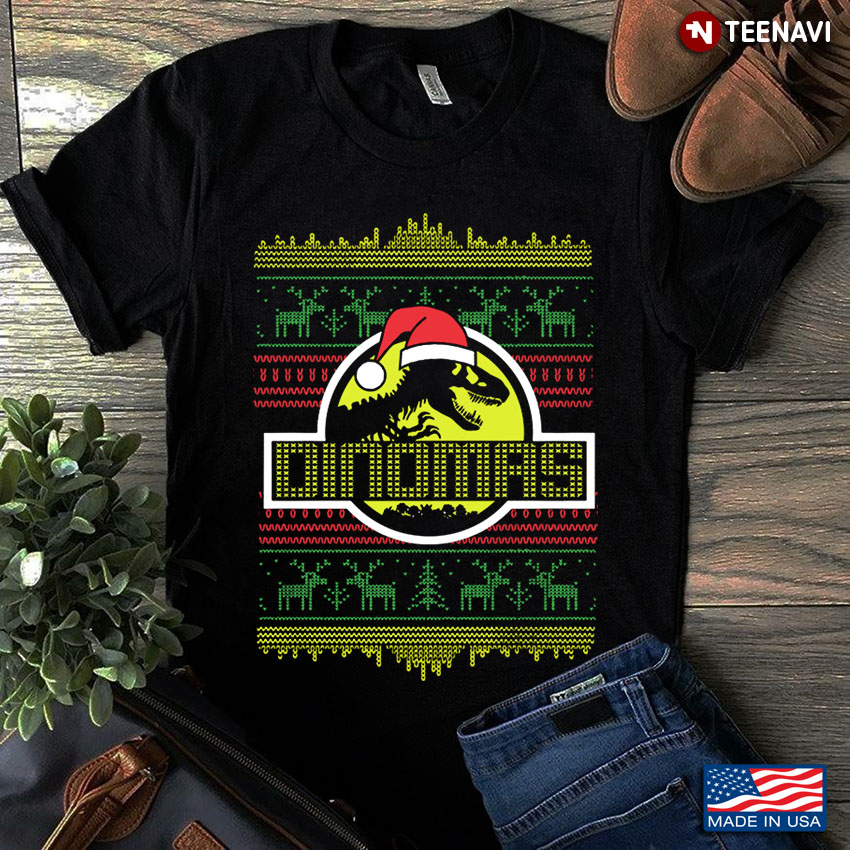 Dinomas Dinosaur With Santa Hat Ugly Christmas