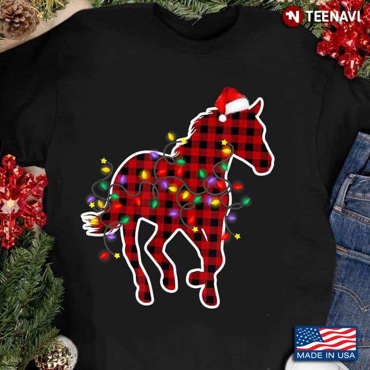 Red Plaid Horse With Santa Hat And Fairy Lights for Christmas