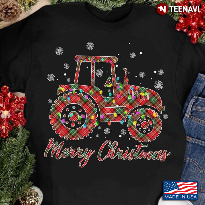 Merry Christmas Plaid Tractor With Fairy Lights