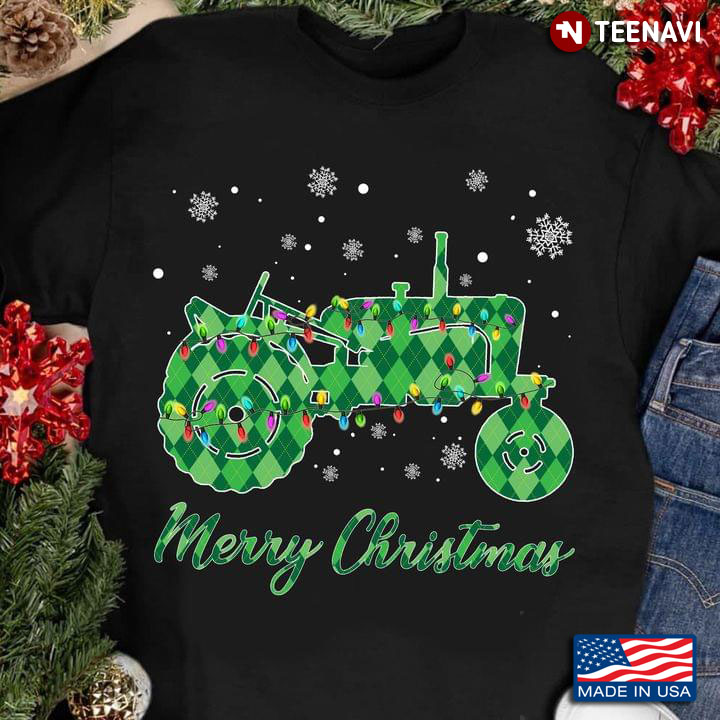 Merry Christmas Green Plaid Tractor With Fairy Lights