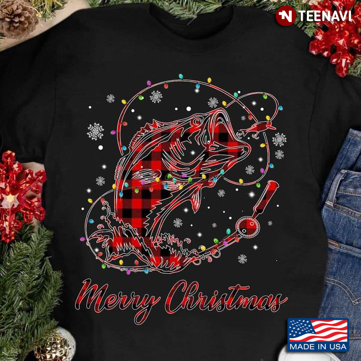 Merry Christmas Red Plaid Fish With Fairy Lights for Fishing Lover
