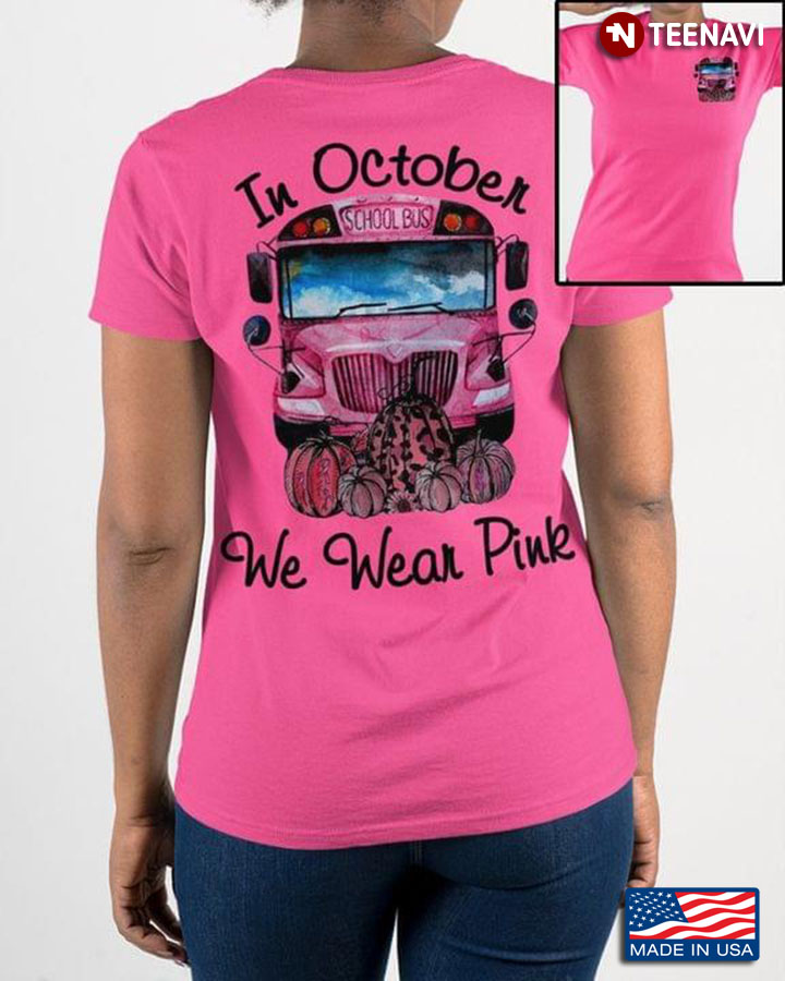 In October We Wear Pink School Bus Pumpkin Breast Cancer Awareness Leopard