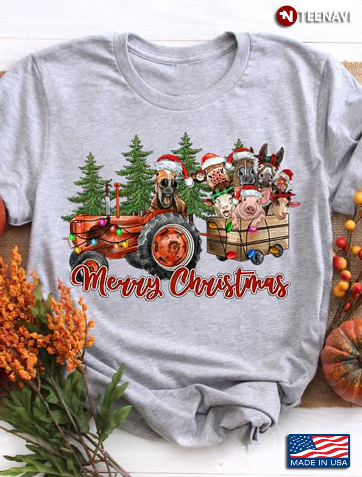 Merry Christmas Farm Animals With Santa Hats On Tractor