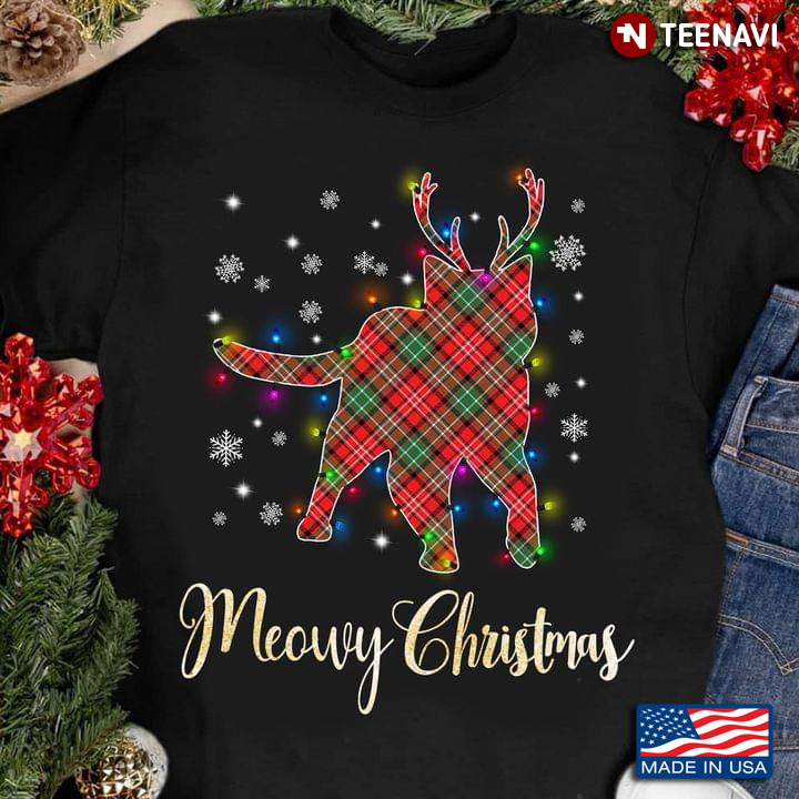 Meowy Christmas Plaid Cat With Fairy Lights for Cat Lover