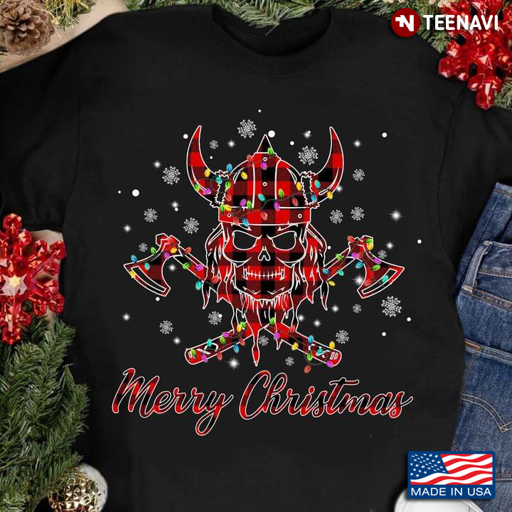 Merry Christmas Red Plaid Viking With Fairy Lights