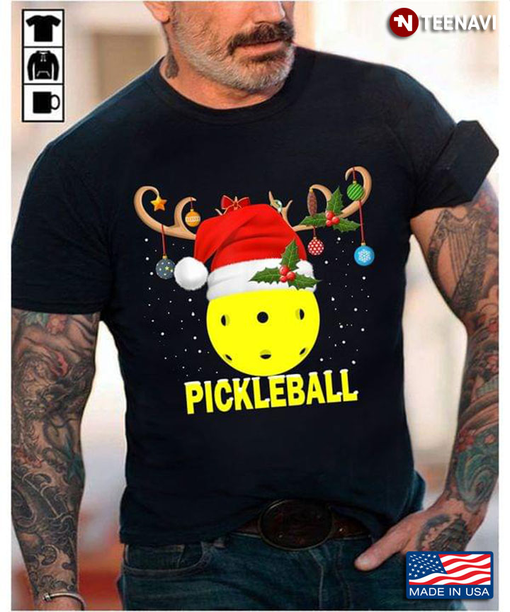 Pickleball With Santa Claus Hat And Reindeer Merry Christmas