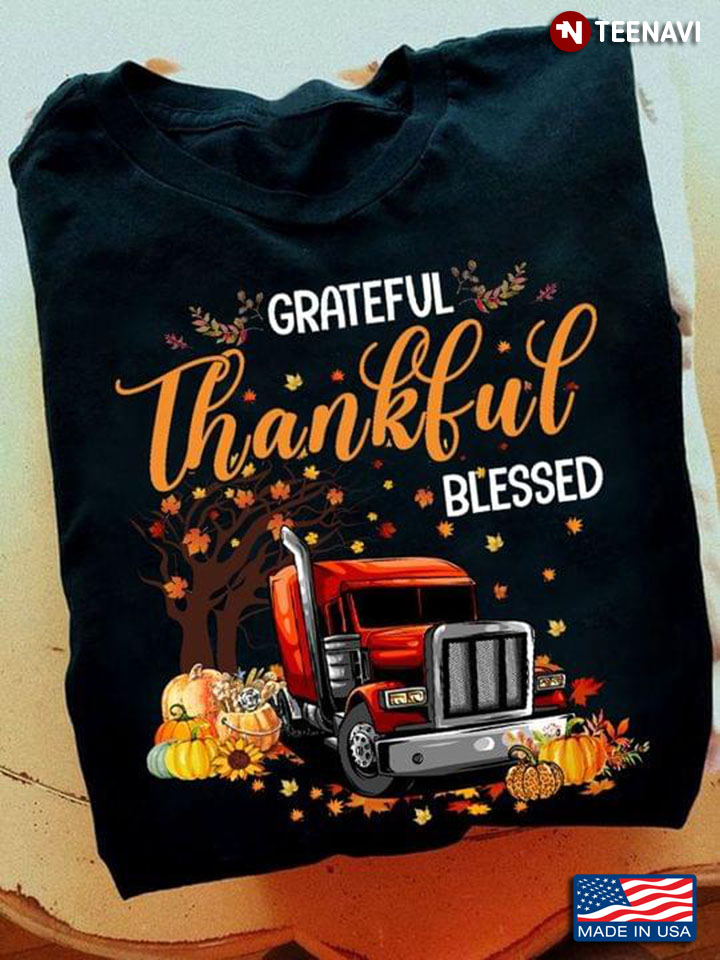 Thankful Grateful Blessed Autumn Truck Falling Leaf Pumpkin