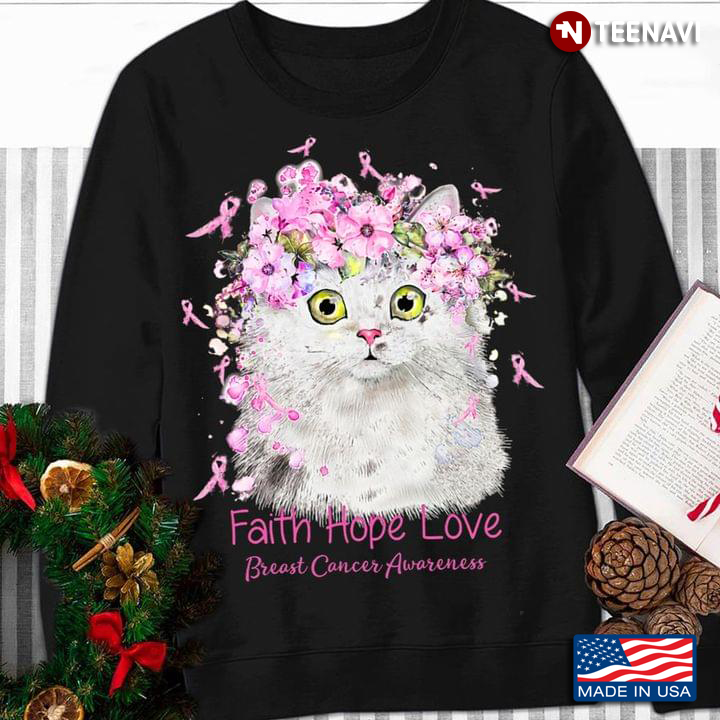 Faith Hope Love Breast Cancer Awareness Floral Bewildered Kitty