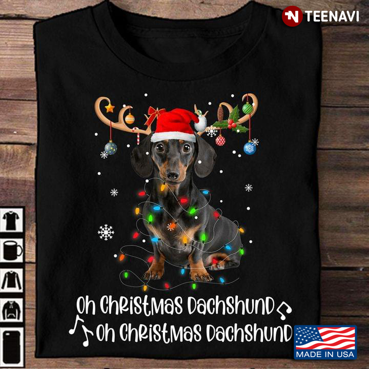 Oh Christmas Dachshund Cute Black Puppy Reindeer And Santa Hat