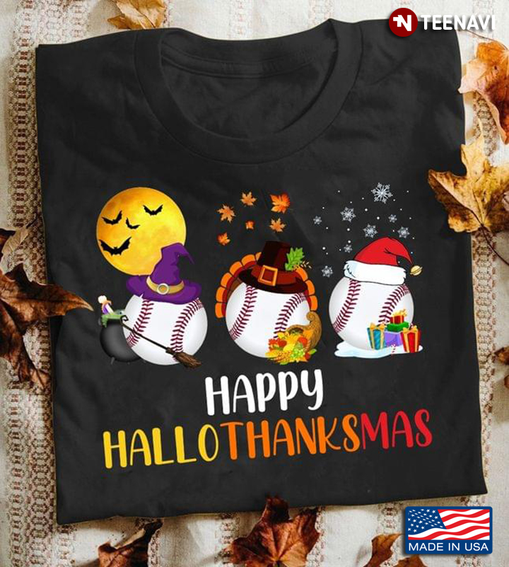 Happy Hallothanksmas Baseball Halloween And Christmas Sport Lover T-Shirt