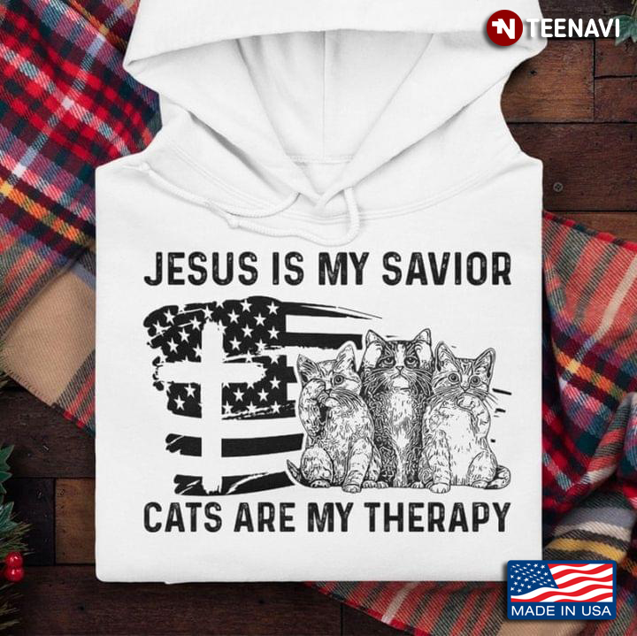 Jesus Is My Savior Cats Are My Therapy American Flag Cross