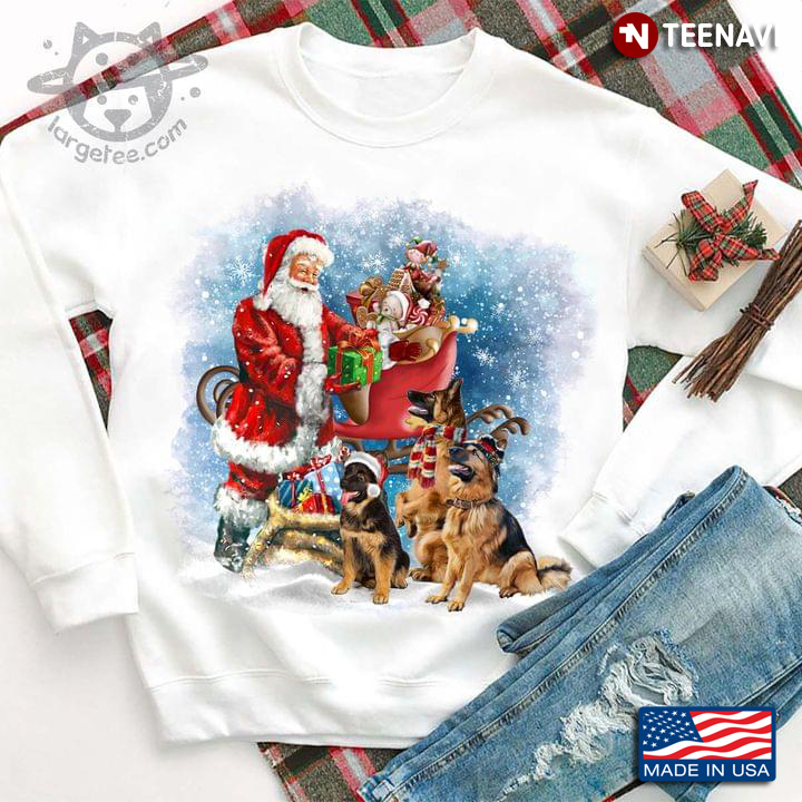German Shepherds Reindeer And Santa Claus With Christmas Presents