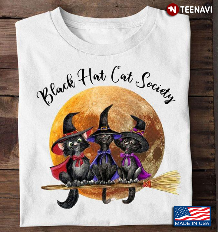 Black Hat Cats Society Witches Riding Broom