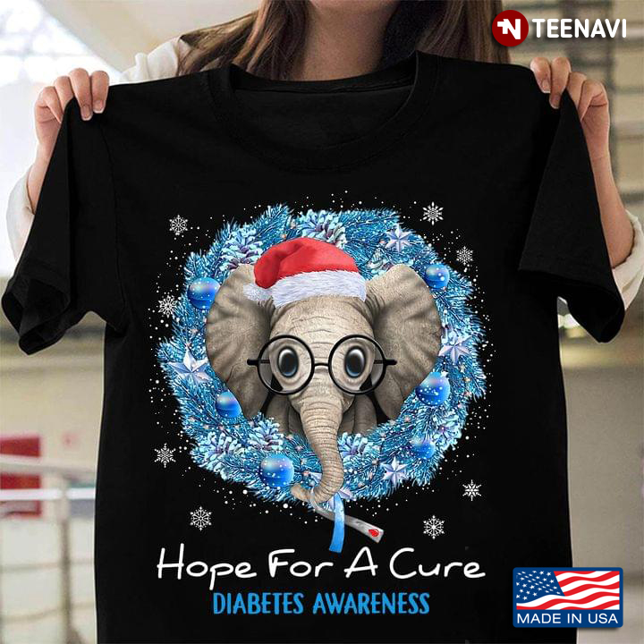 Diabetes Awareness Hope For A Cure Blue And Gray Ribbon Elephant With Santa Hat