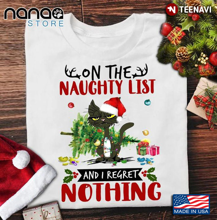 I’m On The Naughty List Funny Christmas Gift Black Cat With Santa Hat