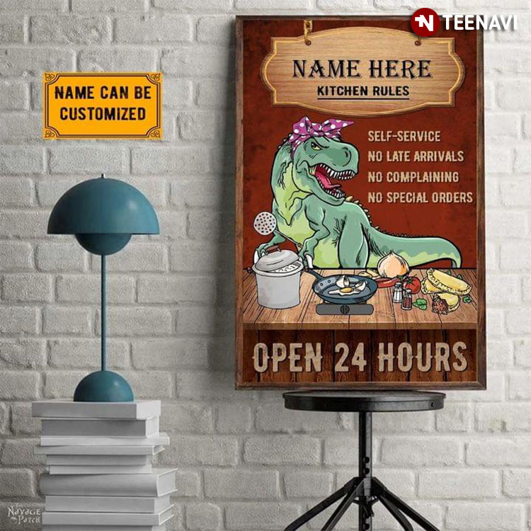 Personalized Dinosaur Wearing Purple Ribbon Kitchen Rules Open 24 Hours Self-service No Late Arrivals No Complaining No Special Orders