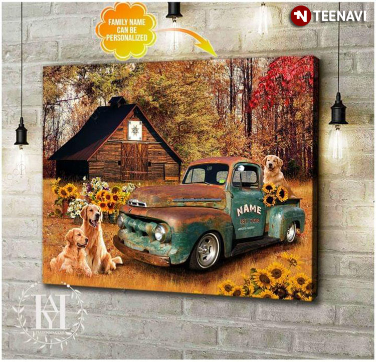 Personalized Family Name Old Blue Truck With Sunflowers, Daisy Flowers & Golden Retriever Dogs Around On Farm