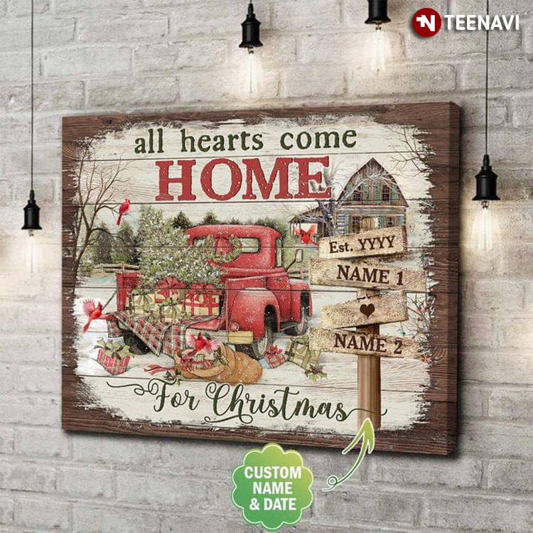 Personalized Name & Date Cardinals Flying Around Red Truck Carrying Pine Tree & Gifts All Hearts Come Home For Christmas