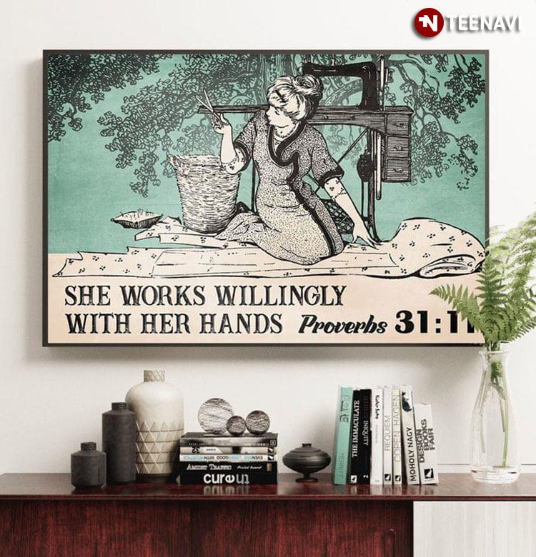 Vintage Tailor Cutting Fabric With Scissors Proverbs 31:11 She Works Willingly With Her Hands