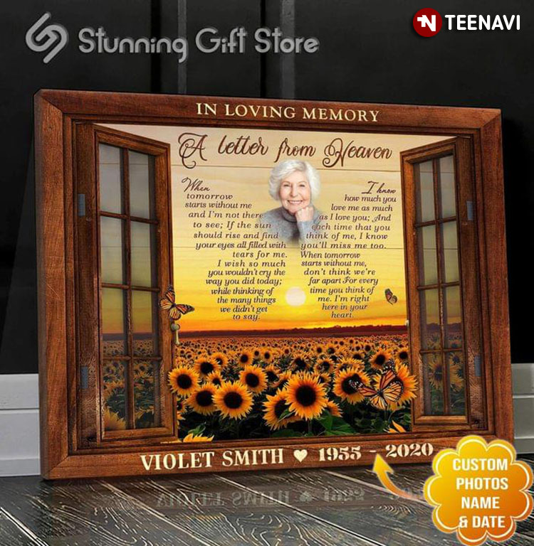 Personalized Name, Photo & Date Window Frame With View Of Sunflower Filed Butterfly Typography In Loving Memory A Letter From Heaven