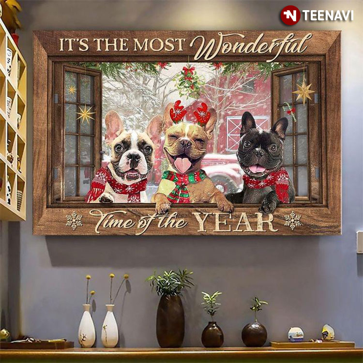 Wooden Window Frame With French Bulldogs Wearing Scarves Christmas It’s The Most Wonderful Time Of The Year